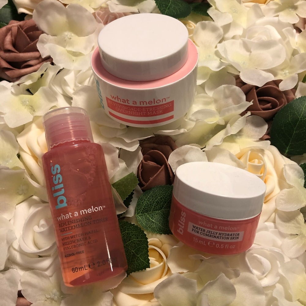 Bliss melon toner, water jelly, and overnight mask